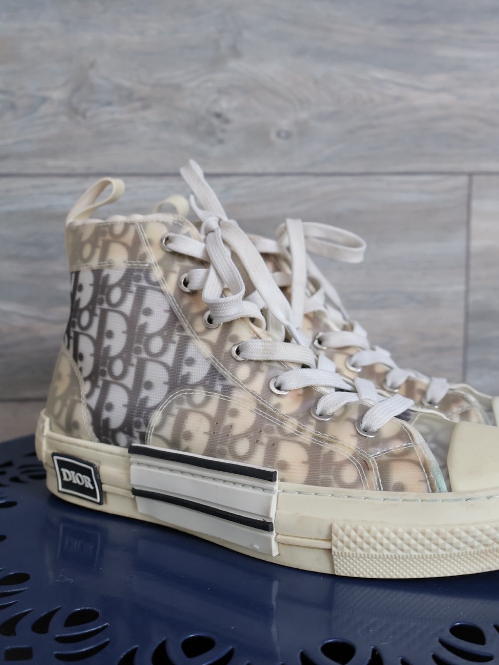 Dior B23 League High-Top Sneaker in Beige, White and Navy Monogram - Picture 2 of 5
